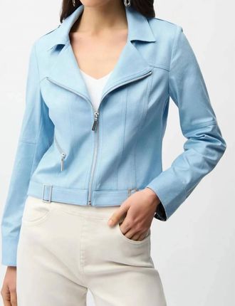 Joseph Ribkoff Fitted Faux Suede Zip Up Moto Jacket In Sky Blue