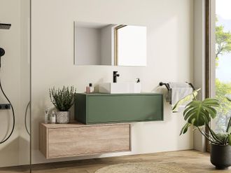 Vente-Unique Mobile per bagno sospeso con lavabo singolo quadrato e due cassetti 94 cm Verde e Naturale chiaro - TEANA II