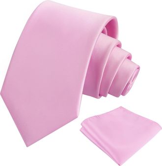Alizeal Mens 8cm Solid Color Necktie and Hanky Classic Business Formal Tie with Pocket Square Set, Pink