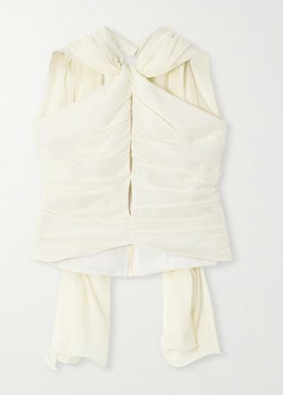 Possé Top In Chiffon Arricciato Con Scollo Allamericana E Sciarpina Solene - Giallo