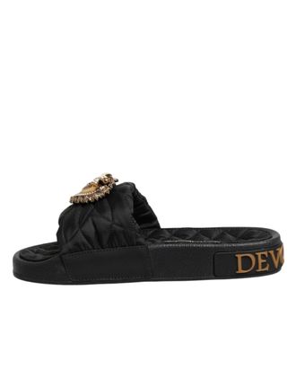 Dolce & Gabbana Womens Black Devotion Matelass&eacute; Leather Slides Shoes Pa+pu