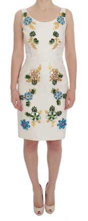 Dolce & Gabbana Dames Witte Brokaat Kristallen Sheath Jurk