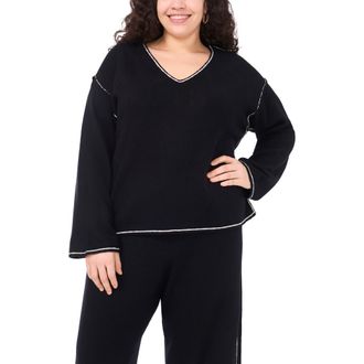 Vince Camuto Tipped V-Neck Sweater in Rich Black at Nordstrom, Size 3X