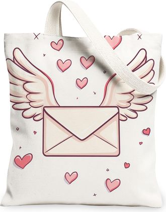 Generic Heart Wing Canvas Tote Bags, Cute Love Design Reusable Grocery Bags, Valentines Day Romantic Lightweight Washable Shoulder Strap Canvas for Shopping T