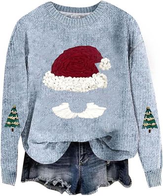 Generic Ladies Christmas Jumpers Womens Christmas Costume Santa Claus Lightweight Sweatshirts Elk Long Sleeve Wine Glass Pullover Fairisle Fine Knit Sweatshir