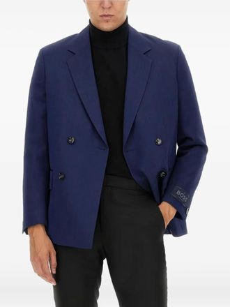 BOSS logo-tab wool blazer - men - Virgin Wool - 48 - Blue