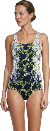 Lands End Tugless Low Leg One Piece Swimsuit in White/navy Blooms at Nordstrom, Size 8