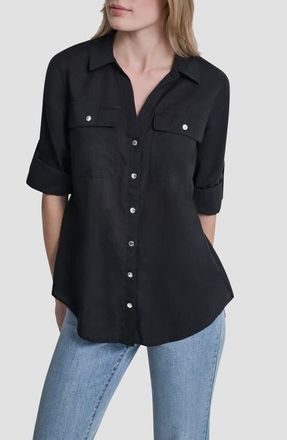 DKNY Short Sleeve Roll Tab Shirt in Black at Nordstrom, Size X-Small
