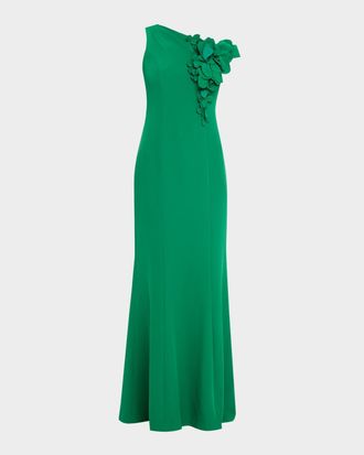 Teri Jon One-Shoulder Floral Applique Stretch Crepe Gown