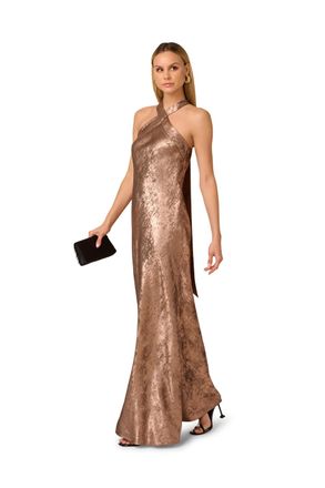 Adrianna Papell Womens Foiled Woven Halter Gown - Brown - Size 12 UK