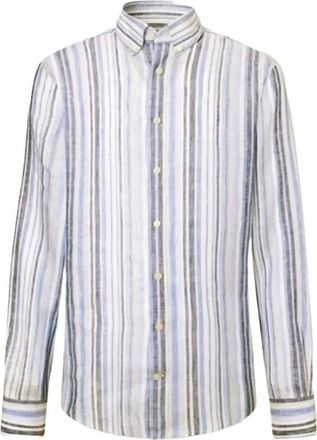 Hackett Overhemden, Heren, Blauw, M, Linnen, Linnen Gestreepte Overhemd met Meerdere Strepen