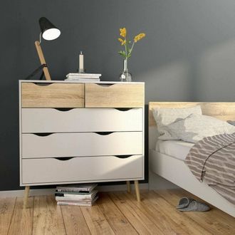 Dmora Commode &Agrave; Cinq Tiroirs, Blanc Et Ch&ecirc;ne, Mesures 98 X 100 X 39 Cm - Dmora