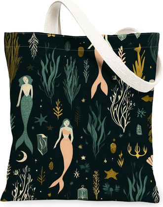Generic Mermaid Pattern Canvas Tote Bags, Ocean Themed Reusable Grocery Bags, Summer Stylish Lightweight Washable Shoulder Strap Ca, Dark Green, 13x15 Inch