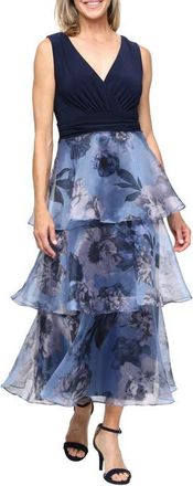 S.L. Fashions Mixed Media Tiered Cocktail Dress in Navy Multi at Nordstrom, Size 14