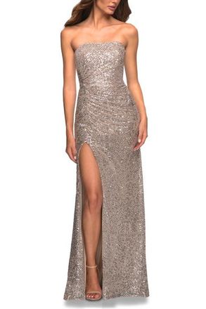 La Femme Strapless Ruched Sequin Gown in Gorgeous Colors in Silver at Nordstrom, Size 10