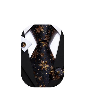 Barry.Wang Mens Christmas Ties Set Silk Xmas Black Gold Snowflake Necktie Pocket Square Cufflinks Party Festival