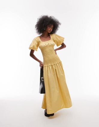 Topshop puff sleeve square neck shirred maxi dress in buttermilk-White