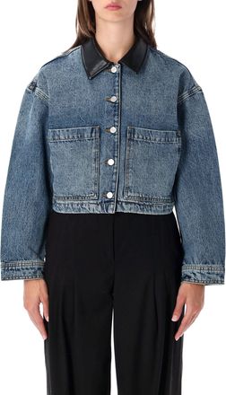 Anine Bing Yuma Boxy Cropped Leather Collar Denim Jacket