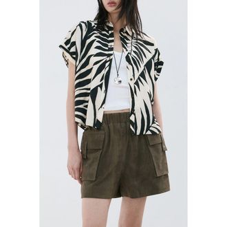 Mango Print Button-Up Roll Cuff Shirt in Ecru at Nordstrom, Size 10