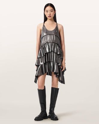AllSaints Polyester Cavarly Metallic Mini Dress, Size: UK 14/US 10