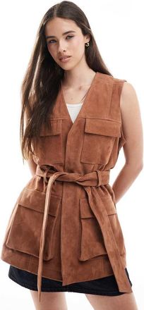 Asos Gilet premium in camoscio color cuoio con cintura-Marrone