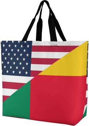 Generic U.S. And Benin Flag Reusable Shopping Bags Large Capacity Grocery Bag Heavy Duty Tote for Women 40x40x16cm