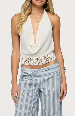 Edikted Ennis Crochet Waist Knit Halter Top in Cream at Nordstrom, Size X-Small