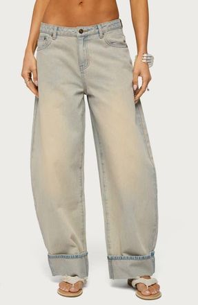 Edikted Kella Low Rise Baggy Cuffed Wide Leg Jeans in Light-Blue at Nordstrom, Size X-Small