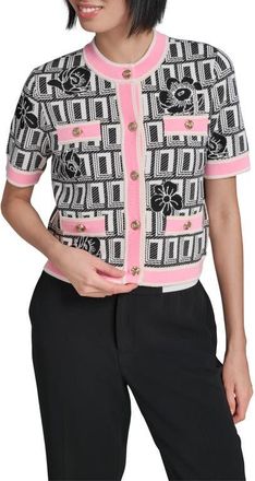 Karl Lagerfeld Print Short Sleeve Cardigan in White/Black/Paris Pink at Nordstrom, Size X-Large