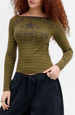BDG Slash Striped Graphic Long Sleeve Top in Green Stripe at Nordstrom, Size X-Small