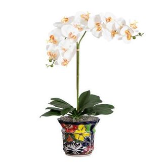 Nearly Natural 26-in Artificial Double Orchid Arrangement in Handmade Mexican Talavera Ceramic Planter in Green at Nordstrom