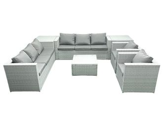 Fimous Outdoor Rattan Sofa Garden Furniture Set with 2 Armchairs Square Coffee Table 2 Side Tables Light Grey Mixed
