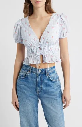 All in Favor Gingham Strawberry Tie Front Crop Top in Blue Gingham at Nordstrom Rack, Size X-Small