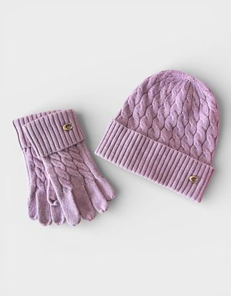 Coach Womens Cable Beanie & Gloves Gift Set Faded Pink - Size: ONE size