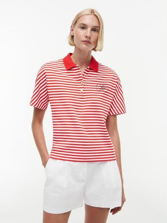 Tommy Hilfiger Womens Regular Fit Gold-Button Pique Polo - Fire Red / Ecru Stripe - XS