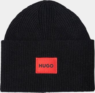 HUGO BOSS Hugo Xaff 6 Mens Knitted Beanie Hat With Ribbing and Red Logo Label - Black - One Size