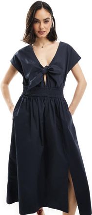 French Connection Barletta - Vestito midi in popeline di cotone blu navy con lacci