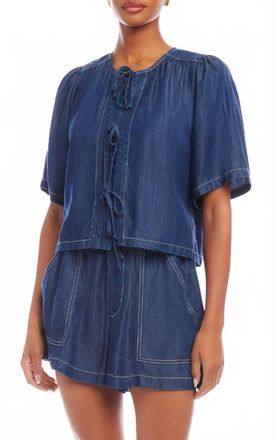 Fifteen Twenty Nadine Tie Front Cropped Top In Indigo Lightweight Denim