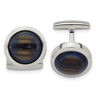 Diamond2Deal Stainless Steel Polished Blue and Brown Cats Eye Circle Cufflinks