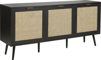Beliani Aparador 3 Puertas Frontal Rat&aacute;n Mdf Negro Patas Madera De Caucho Aparador Estilo Boho Sala De Estar Opoco