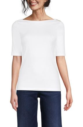 Lands End Supima Cotton Elbow Sleeve Boatneck Button Shoulder Tee in White at Nordstrom, Size X-Small P