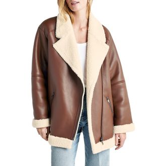 Splendid Earhart Faux Leather Aviator Jacket with Faux Fur Collar in Cognac at Nordstrom Rack, Size Medium