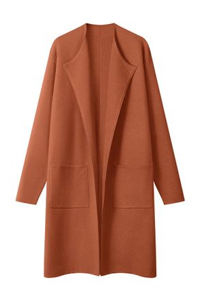Merokeety Womens Open Front Coatigan Sweater Long Sleeve Casual Knit Lapel Cardigan Coat with Pockets, Caramel, L