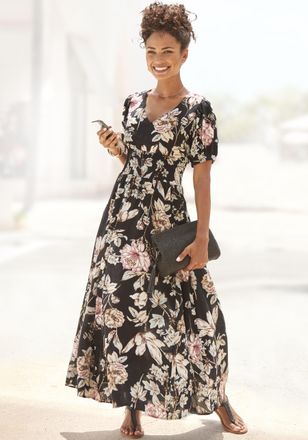 Lascana Maxikleid LASCANA, Damen, Gr. 34, N-Gr, schwarz (schwarz bedruckt), Web, Obermaterial: 100% Viskose, bedruckt, gebl&uuml;mt, figurumspielend bodenlang, V-A