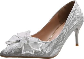 Generic Women Pointed Toe High Heel Stiletto Pumps 8CM Silk Dress Shoes Diamond Bow Wedding Evening Party-Numeric_10_Point_5 Silver