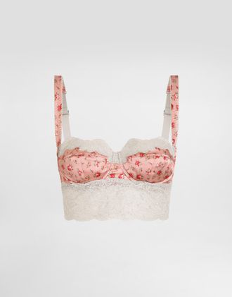 Dolce & Gabbana Small Rose-print Satin And Lace Balconette - Woman Underwear Multicolor 1b