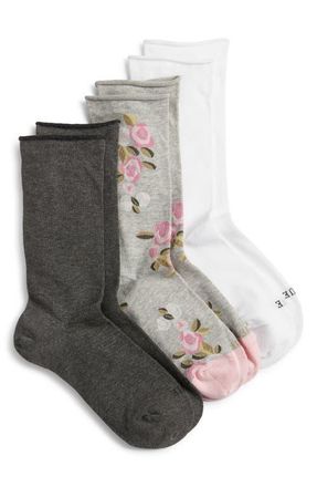 Hue Jeans 3-Pack Socks in Grey Pink Floral Pack at Nordstrom
