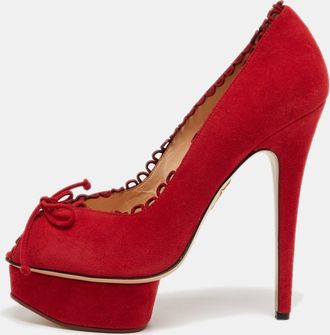 Charlotte Olympia Red Suede Daphne Scalloped Trim Peep Toe Platform Pumps