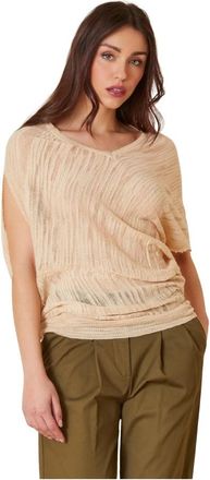 Manila Grace Korte Mouw Linnenmix Vlamtop - Dames - Ronde hals truien - Beige - XS - Linnen - Truien & Vesten