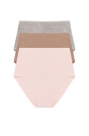 Natori Bliss Bare Cotton High Waist Brief 3-Pack in Lt Grey Heathr/buff/peach Whip at Nordstrom, Size Medium
